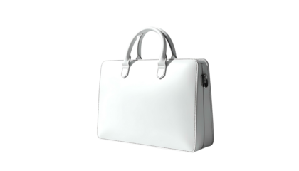 Sleek, white, rectangular briefcase with handles and subtle highlights, set against black
