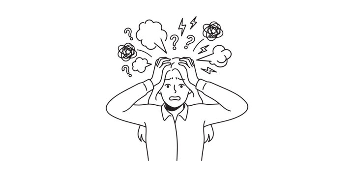 Illustrator vector hand drawn sketch of a stressed woman holding her head in panic. Character design with chaotic doodle icons symbolizing anxiety, mental confusion, migraine, and overwhelmed state.