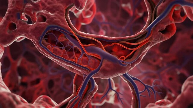 Pancreas diagram visualization of a diseased or inflammatory state within the pancreatic tissue, showing blood vessels and cellular damage