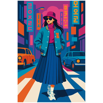 Fashionable Woman Wearing Hat City Illustration
