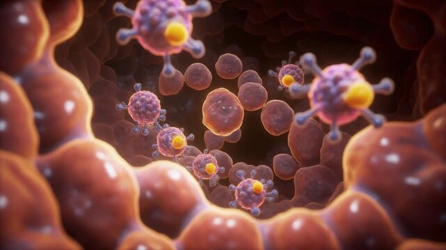 Microscopic pancreas diagram close-up of the Islets of Langerhans, highlighting hormone-producing alpha and beta cells with glowing yellow centers