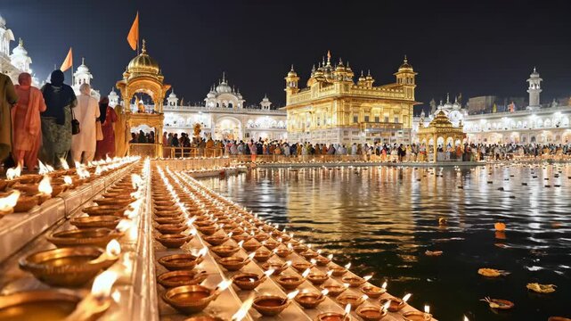 Illuminated Night at a Sikh Temple - The video captures a serene night scene at a Sikh temple, beautifully illuminated with rows of oil lamps lining the water's edge.