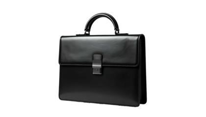 Sleek, black leather briefcase isolated on black background; classic, business-style accessory