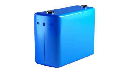 A glossy, electric blue, rectangular object with two top terminals against a black backdrop