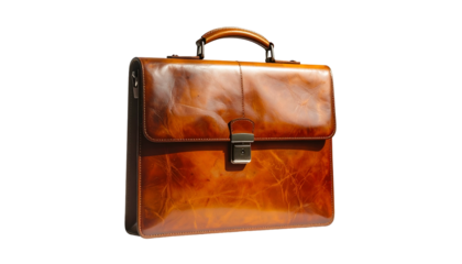 A glossy, brown leather briefcase with a handle, clasp, and aged texture, set against black
