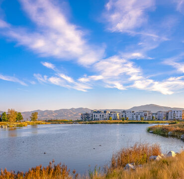 Idyllic view by the Oquirrh Lake in daybreak Utah