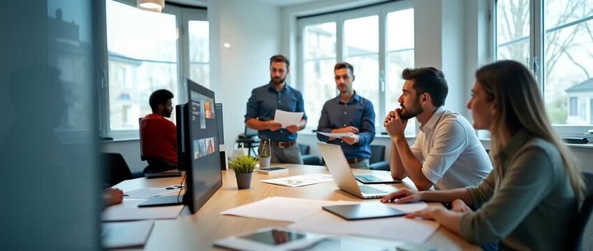 Collaborative team discussion in modern office, with professionals engaging over laptops and documents; camera smoothly tracks around the table as ambient light gently shifts, cinematic style.
