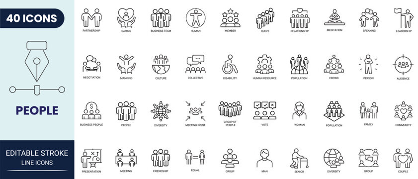 People line icon set. Includes group, family, human, team, community, friends, population, senior and more. Editable stroke. Vector illustration.