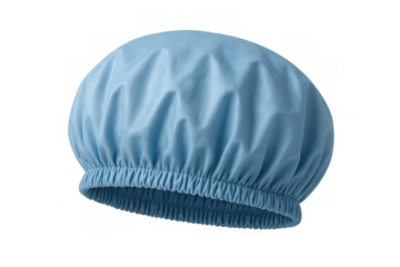 Blue shower cap for hair protection and hygiene, elastic band providing a secure fit, transparent background