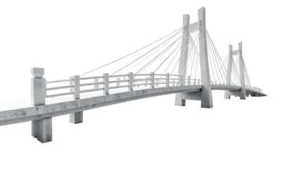 A white concrete cable-stayed bridge, seemingly isolated, against a stark black background