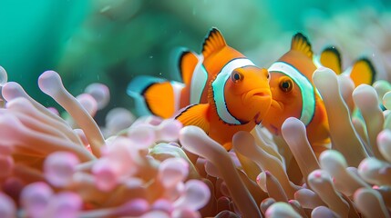 Vibrant Colorful Clown fish Pair Among Sea