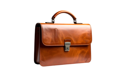Brown leather briefcase, with handle and clasp, isolated on black background