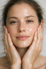Naklejka premium Close-up of a Young Woman's Face with Hands Gently Touching Her Cheeks