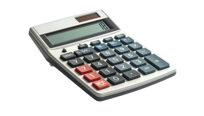 A close-up of a desktop calculator with visible buttons and a display showing a number