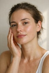 Naklejka premium Young Woman's Face With Natural Glow and Hand Touching Cheek