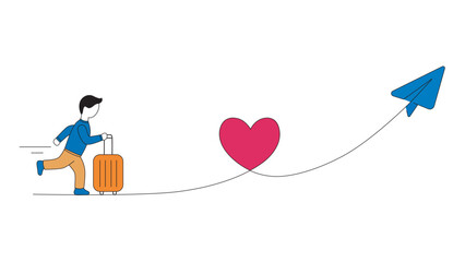 Tourist with luggage. Paper plane travel route. Line journey path with a heart shape, travel paper plane. Business journey trip suitcase. Heart-shaped flight route, paper plane and tourist. 