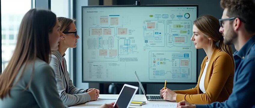 Professionals collaborate on data analysis in a modern office, as the camera slowly pans across their focused expressions, with ambient light flickering gently in a cinematic style.
