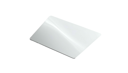 A shiny, silver rectangular object with rounded corners floats on a black background