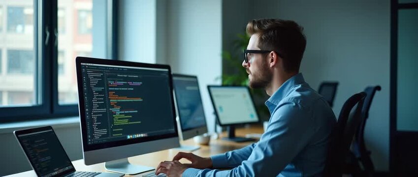 Focused programmer typing at a computer in a modern office setting, with a slow pan revealing a bright, dynamic workspace; cinematic style highlighting tech innovation and productivity.