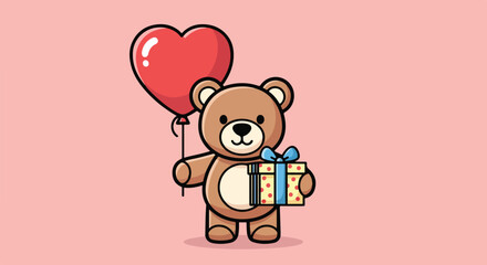 Obraz premium A cartoon brown teddy bear holding a gift and a red heart-shaped balloon against a soft pink background.
