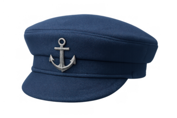 Blue mariner's cap with an anchor symbol representing sailing, navigation, and maritime tradition on transparent background