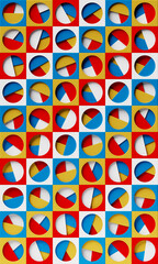 A 3D illustration of a colorful pattern in a geometric ornamental style, featuring an abstract geometric background and textured surface.