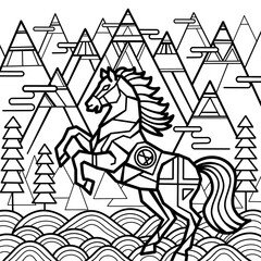 Traditional Korean Layered Mountain and River Landscape with Horse, Year of the Red Horse coloring illustration
