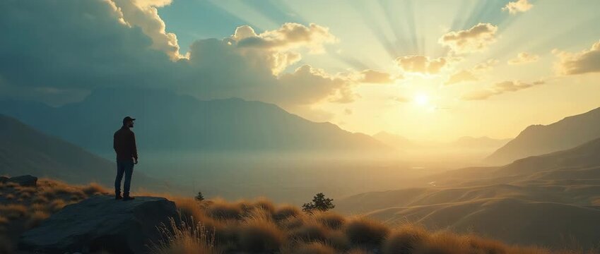 Lone traveler gazes at sprawling valley as sun sets, casting golden hues over landscape; cinematic slow pan reveals gentle sway of grasses and drifting clouds, evoking serene exploration.