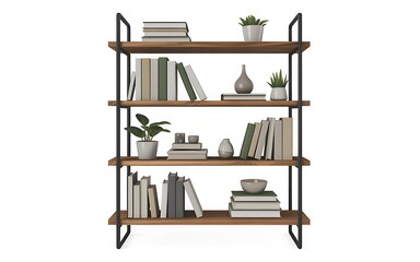 Modern wooden bookshelf with decorative items