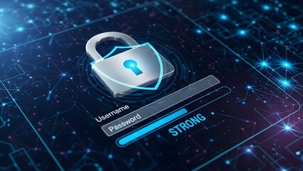 Digital 3D representation of a secure login page featuring a padlock shield and a password bar showing "Strong" status for high-level account protection.