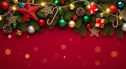 Festive Christmas Garland Border with Ornaments Lights and Gifts.