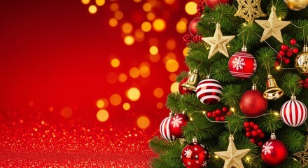 Festive Christmas tree decorated with ornaments and lights on a red background.