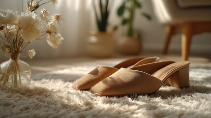 A pair of stylish beige mules rest on a fluffy rug, with a vase of flowers nearby, creating a cozy and inviting atmosphere.