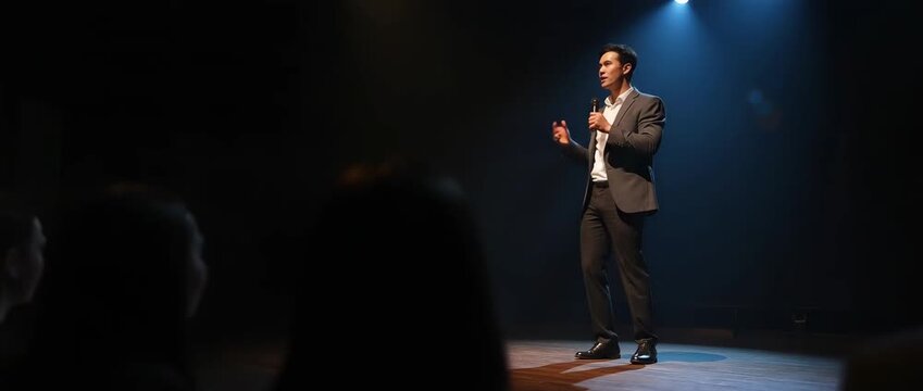 Confident speaker delivers an engaging presentation under spotlight, as camera slowly pans across the dimly lit stage, capturing a cinematic ambiance with subtle audience movement.