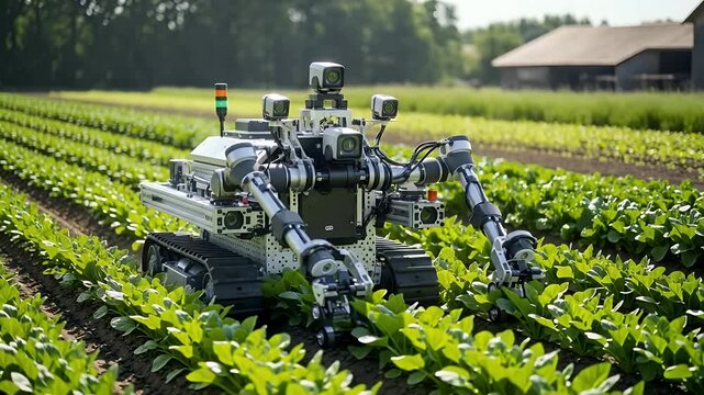 A sophisticated agricultural robot with multiple arms and tracks working in a field of green crops under a bright sky.