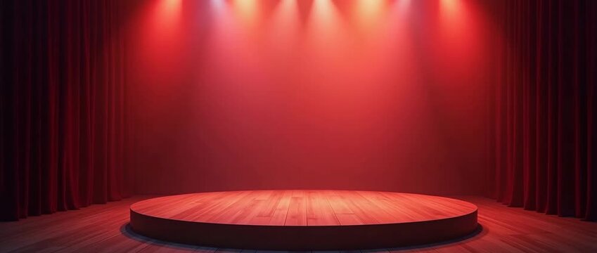Elegant red stage illuminated by spotlight, with gentle ambient lighting shifts and a slow pan across the empty platform, creating a cinematic atmosphere perfect for theatrical stock footage.
