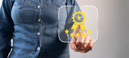 Woman holding an emblem with five yellow stars and an envelope on a transparent background