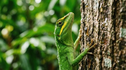 Green lizard clinging to tree bark
