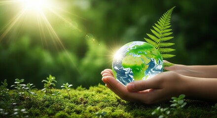 Hands holding planet Earth in lush green forest with sun rays.