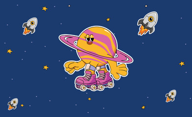 Obraz premium Cute Saturn Planet Cartoon Character Illustration for Kids