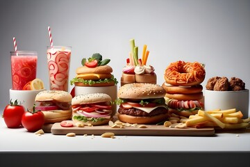 Gourmet Burger, Pizza With Fries, Sides, and Donuts on Dark Background