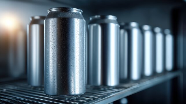A close-up view of a shiny aluminum can with condensation, set against a backdrop of other similar cans on a shelf.