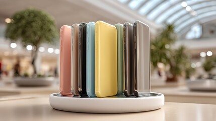 A display of colorful smartphones arranged in a circular stand, showcasing modern design in a bright, indoor shopping environment.