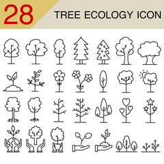 Fototapeta premium Tree ecology icon set in simple line art style. Collection of various tree, plant, flower, seedling, and sprout symbols for nature, environment, and conservation concepts