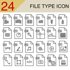 Collection of 24 file type icons in clean line art style. This vector set includes symbols for various document, image, and data formats, perfect for web and graphic design