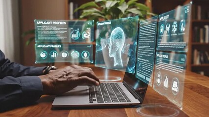 Data Visualization and Analysis on Laptop of African American Man with Futuristic Interface and Medical Data Visuals in Interior Setting - Powered by Adobe