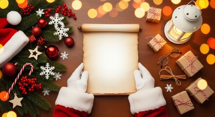 Santa Claus hands holding an old Christmas wish list scroll with festive decorations.