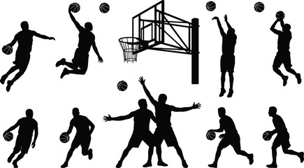 Basketball player silhouettes set, shooting, jumping, dunking, dribbling, defense, sport, action, competition, athlete, court, vector. © Shahariar's World