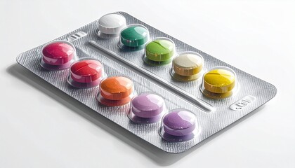 Metallic blister pack with colorful round pills in two rows, one slot empty, on white background
