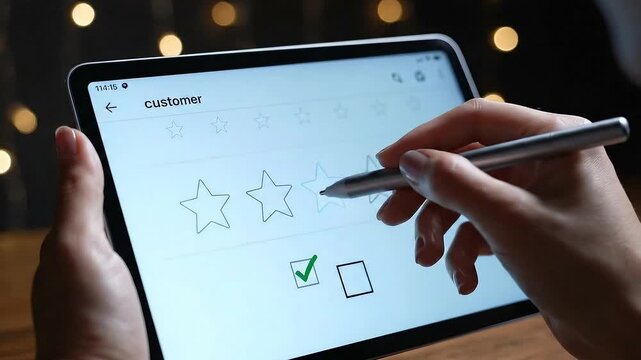 Female Hands Rating Experience on Tablet with Silver Pen Over Wooden Table with Defocused Bokeh Lights for Online Feedback and Customer Satisfaction